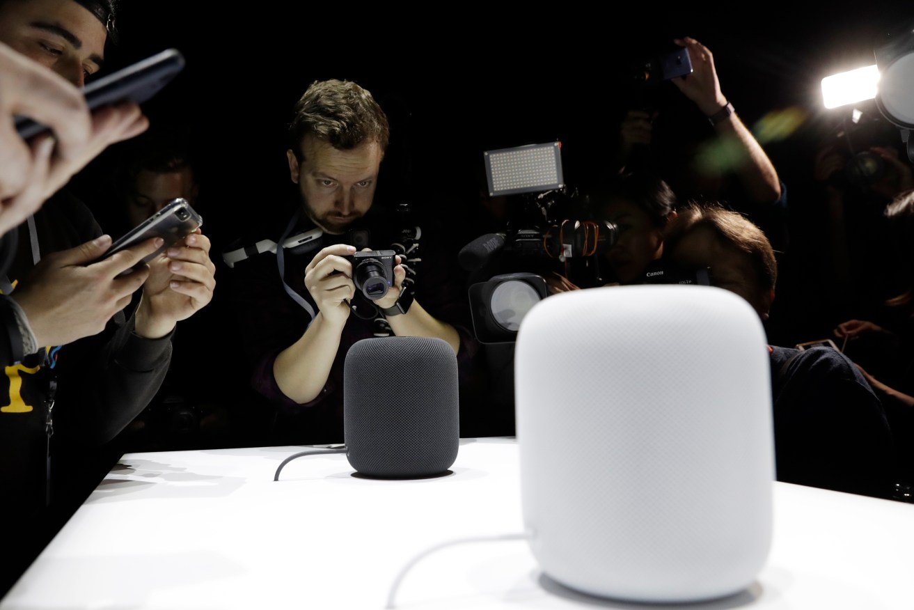 The HomePod speaker is the centre of attention at the Apple Worldwide Developers Conference. Photo: AP/Marcio Jose Sanchez