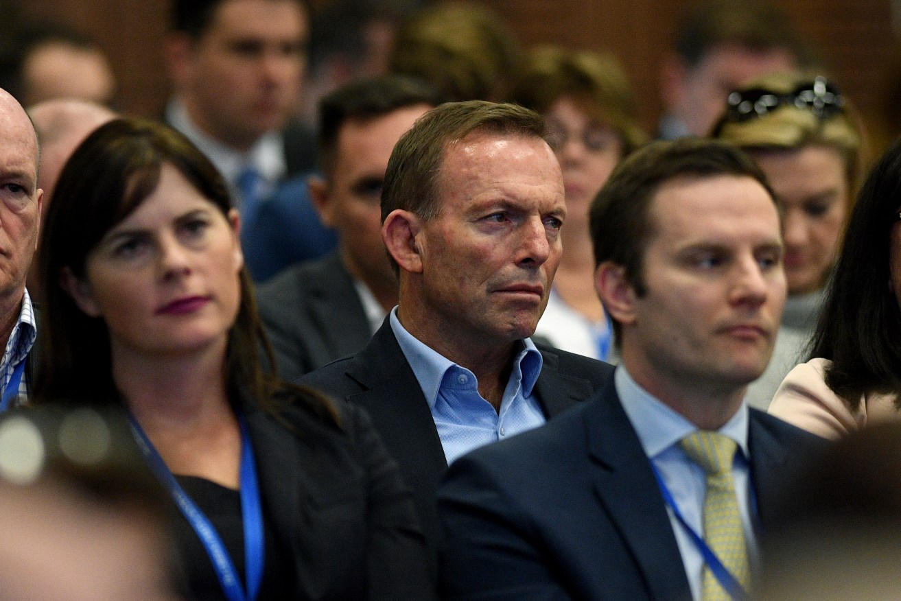 Former prime minister Tony Abbott watches on as Prime Minister Malcolm Turnbull delivers an address at the 59th Liberal Party Federal Council Meeting in Sydney last Saturday. Photo: AAP/Dan Himbrechts