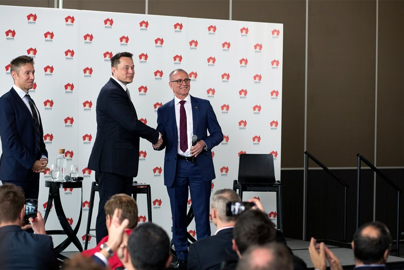 Jay Weatherill (left) with tech billionaire Elon Musk: the Premier could not disguise his glee. Photo: Andre Castellucci/InDaily 