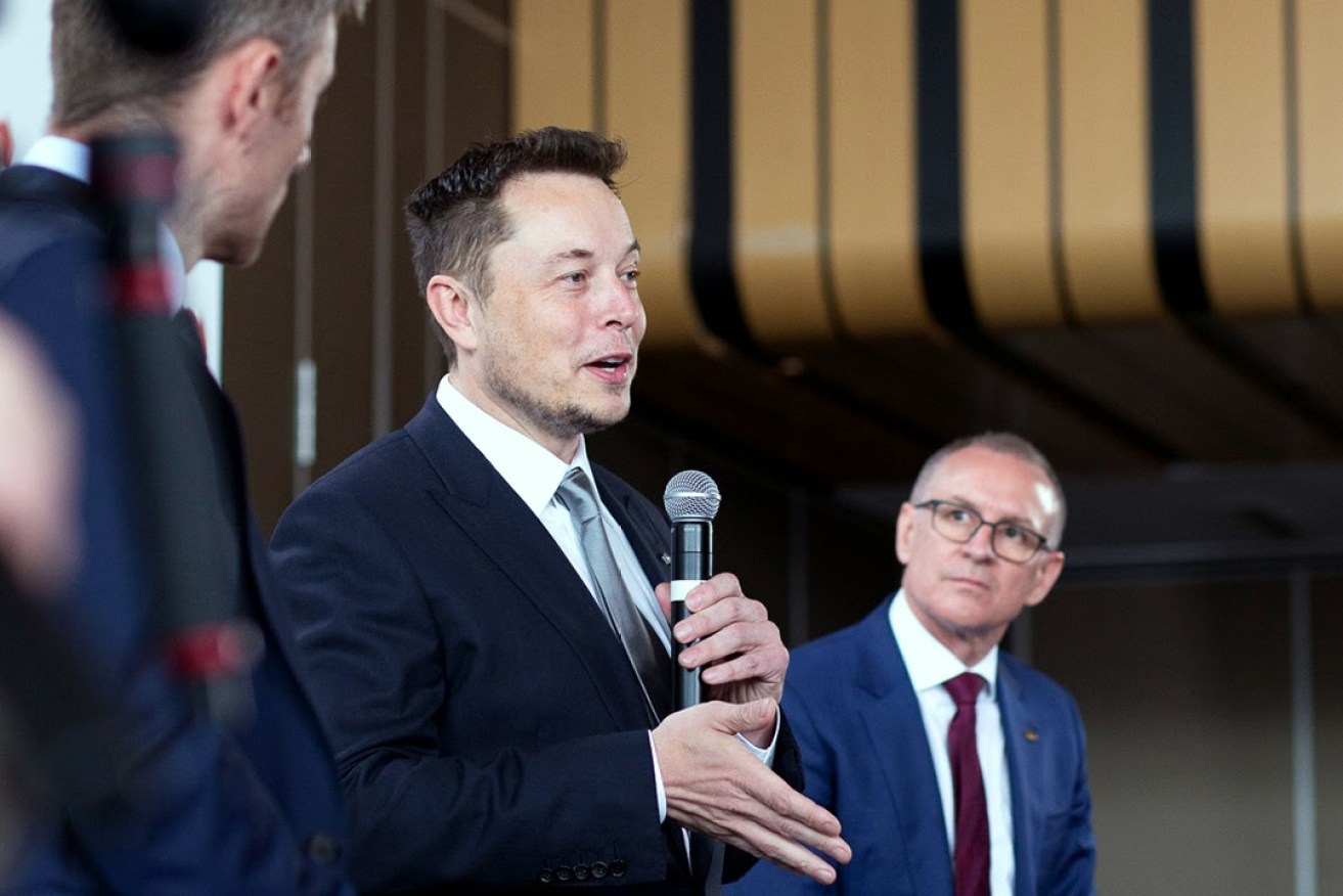 Premier Jay Weatherill looks on as Elon Musk faces the media in Adelaide this month. Photo: Andre Castellucci / InDaily