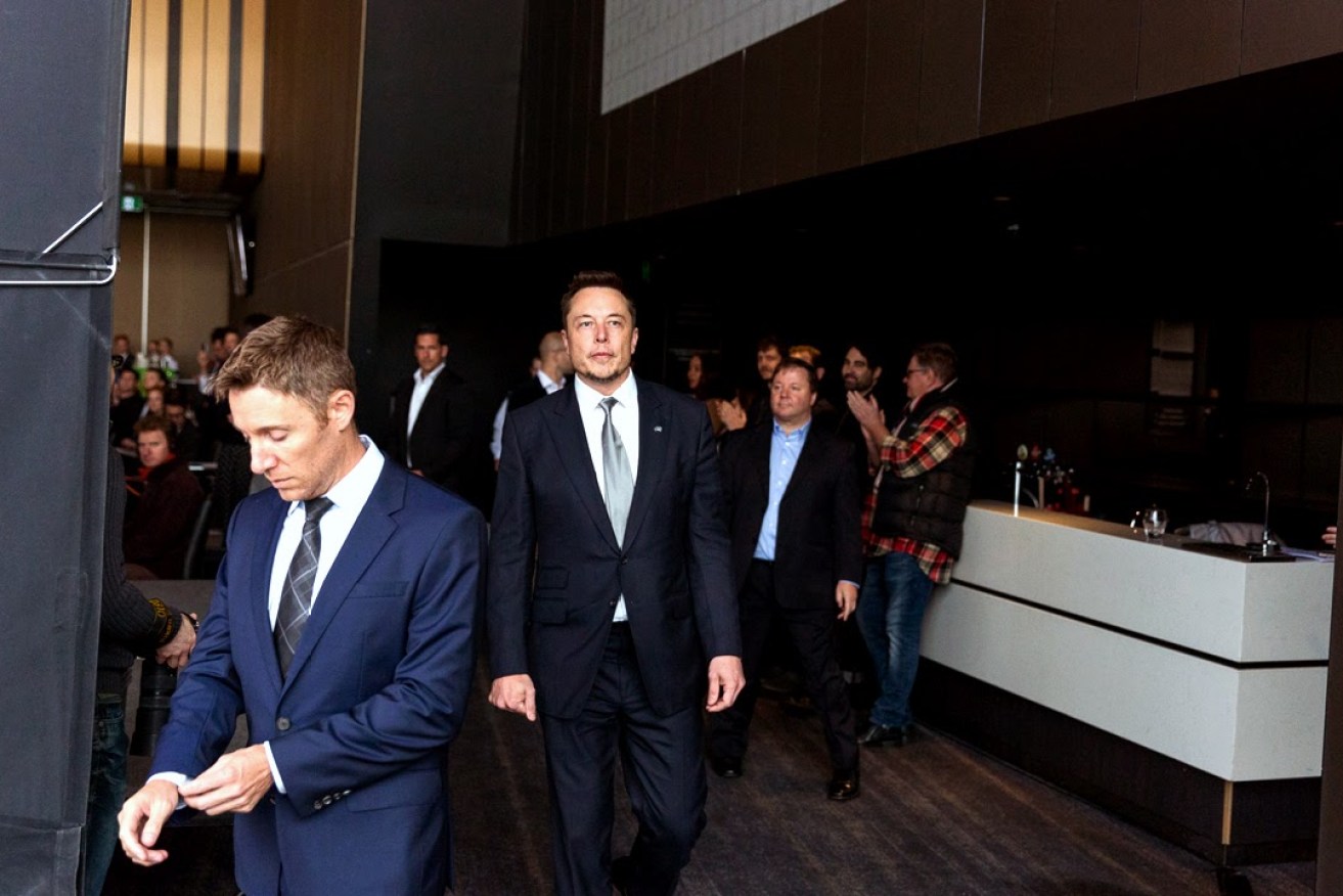 Elon Musk (centre) in Adelaide for the battery announcement in early July. Photo: Andre Castellucci/InDaily