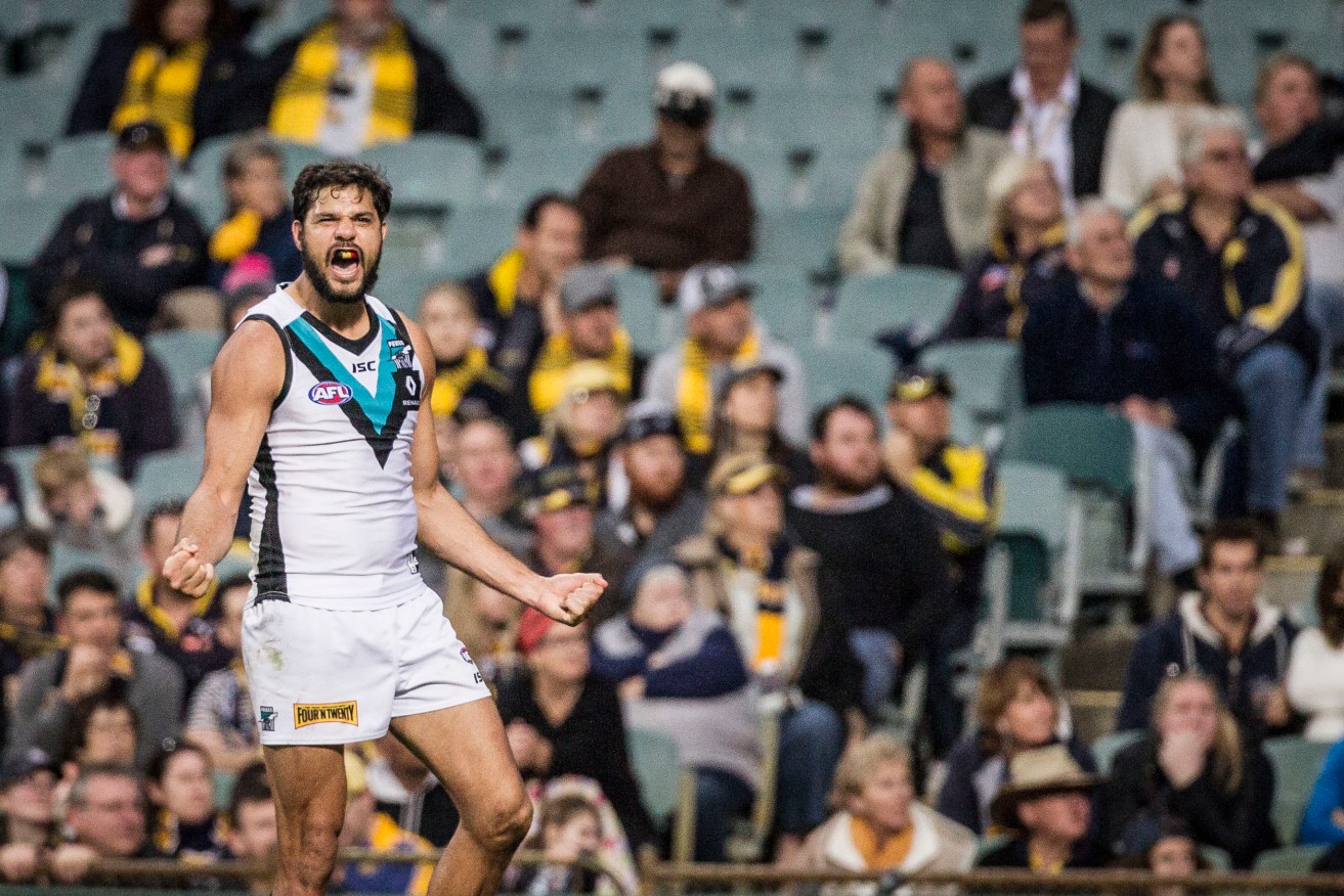 Paddy Ryder celebrates during Port Adelaide's win over West Coast. Photo: Tony McDonough / AAP