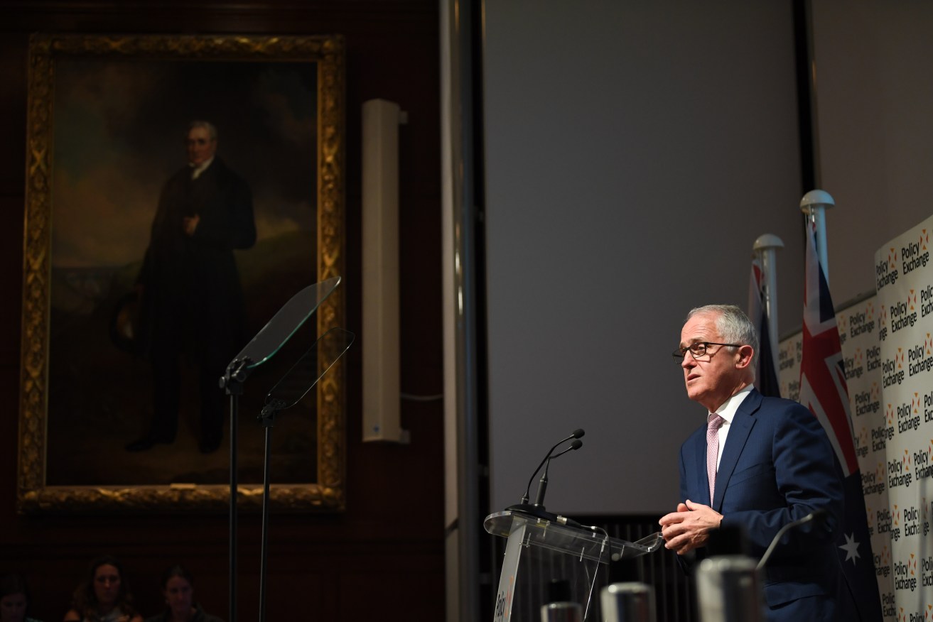 Prime Minister Malcolm Turnbull speaks during the 2017 Disraeli Prize ceremony at the Policy Exchange Institute in London. Photo: AAP/Lukas Coch