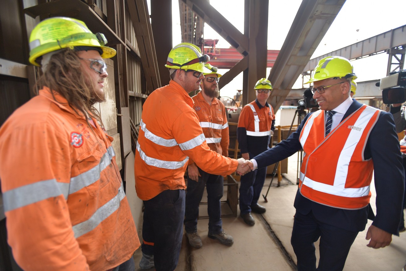 GFG Alliance's Sanjeev Gupta greets workers on his visit to the Arrium Steel plant  in Whyalla. Photo: AAP/David Mariuz