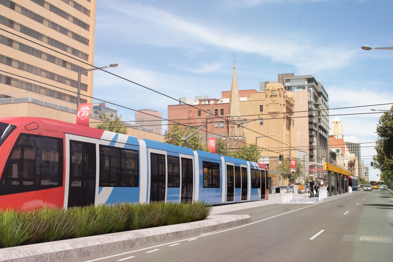A Government image of a new tram stop on North Terrace.