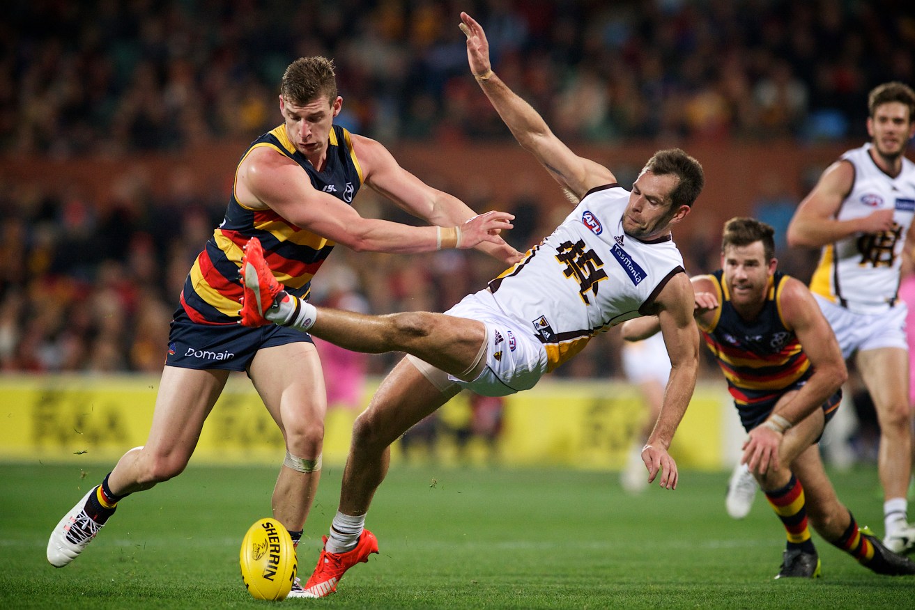 Luke Hodge takes a tumble, but the Hawks got the better of the Crows last month. Photo: Michael Errey / InDaily