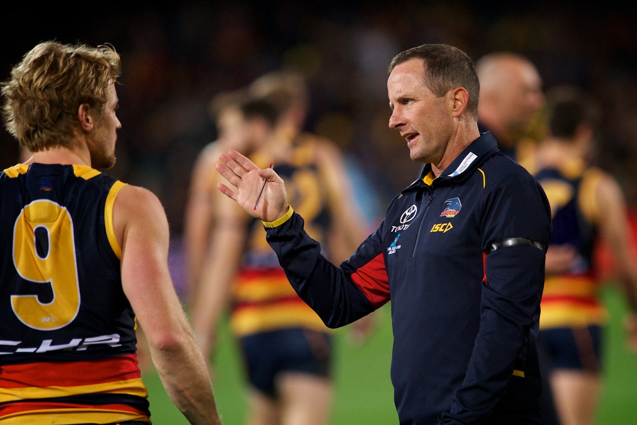 Rory Sloane takes direction from coach Don Pyke. Photo: Michael Errey / InDaily