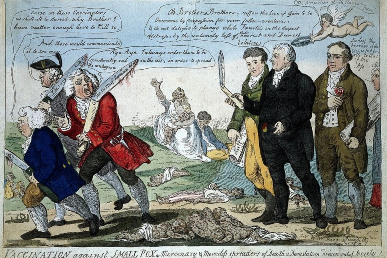 Edward Jenner, who pioneered vaccination, and two colleagues (right) seeing off three anti-vaccination opponents, with the dead lying at their feet (1808).