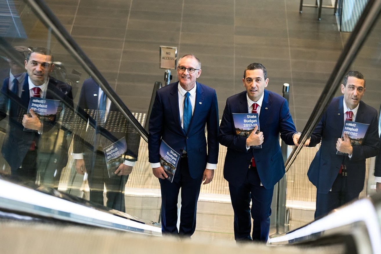 Going up? Premier Jay Weatherill and Treasurer Tom Koutsantonis arrive at this year's State Budget announcement. Photo: Andre Castellucci/InDaily