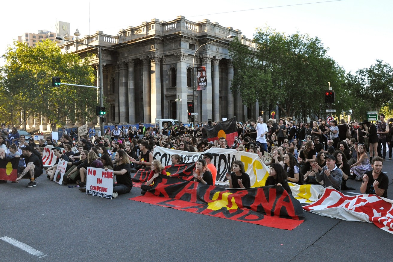 Aboriginal activists marked "invasion day" by blocking the annual Australia Day cultural parade through Adelaide this year. Photo: AAP 