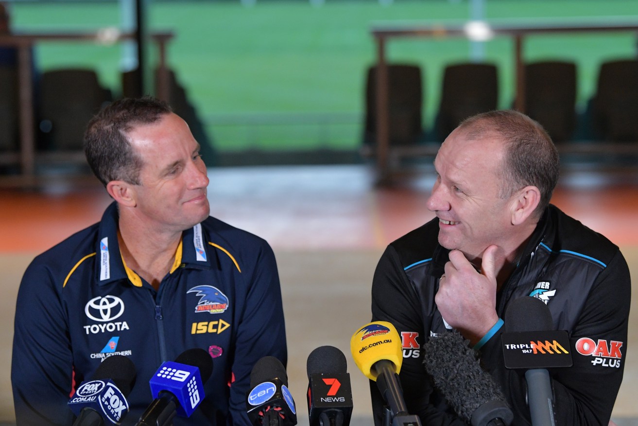 Don Pyke and Ken Hinkley exchange pleasantries ahead of a much-hyped Showdown on Sunday. Photo: David Mariuz / AAP