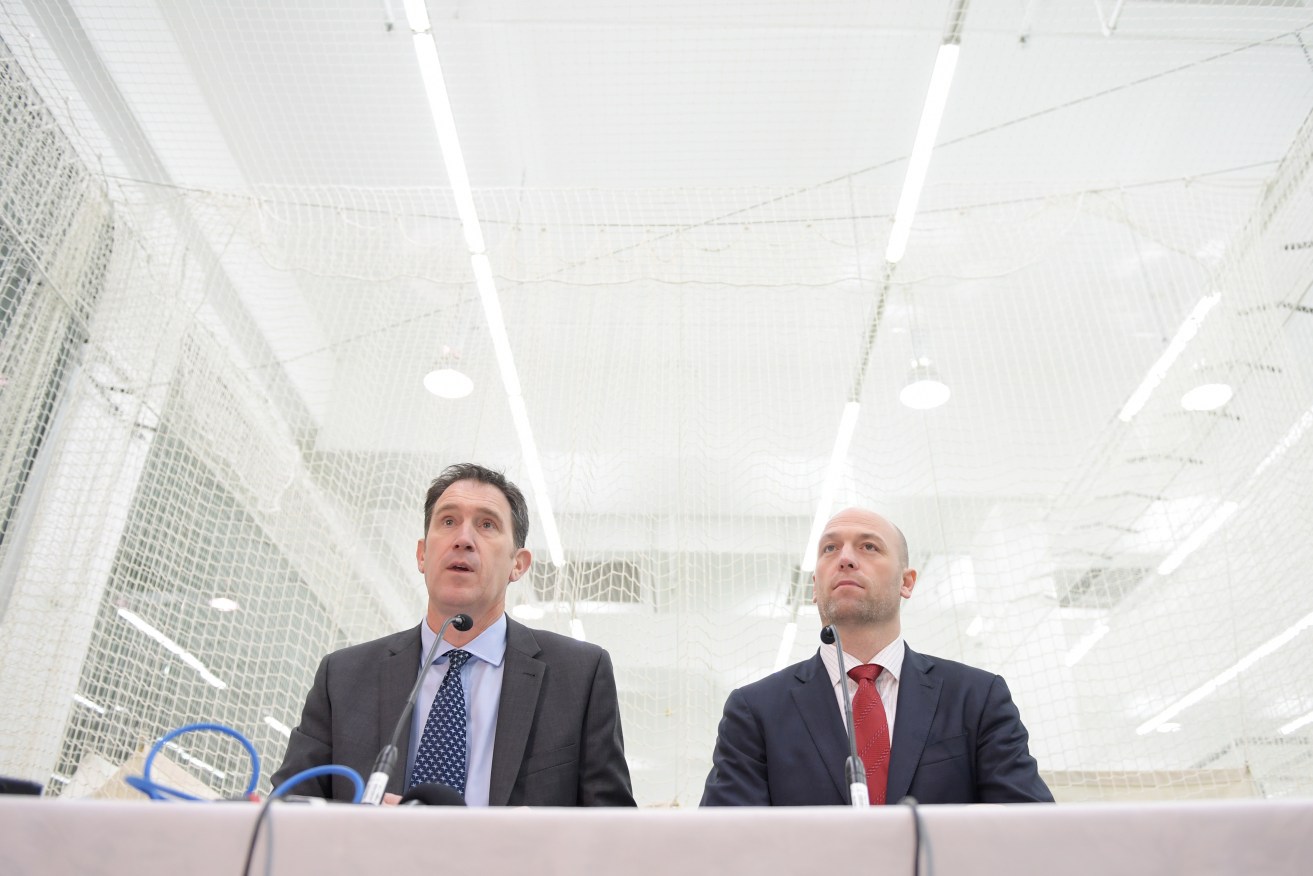 Cricket Australia CEO James Sutherland and Australian Cricketers' Association CEO Alistair Nicholson face the media yesterday. Photo: Tracey Nearmy / AAP