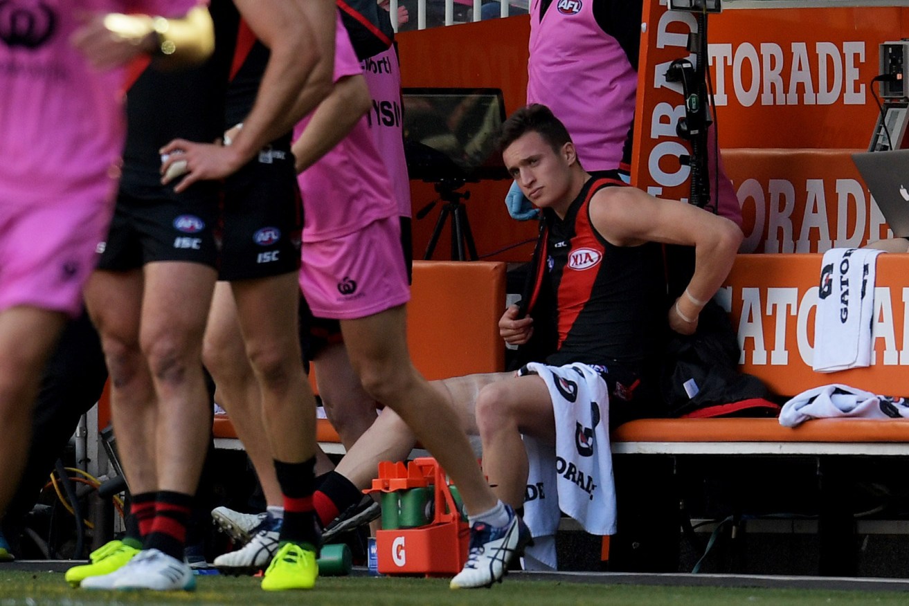 Orazio Fantasia sits in the bunker after injuring his hamstring on the weekend. Photo: Tracey Nearmy / AAP