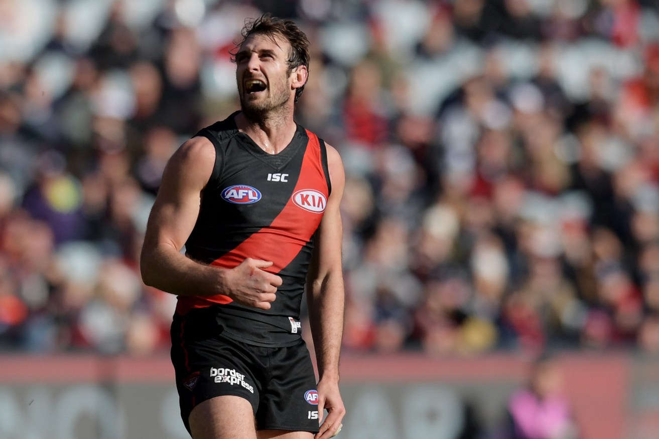 Jobe Watson watches an errant kick for goal on the weekend. Photo: Tracey Nearmy / AAP