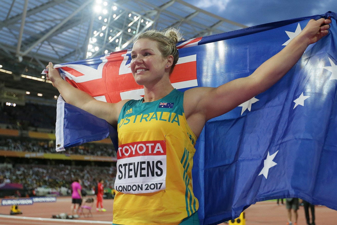 Australia's Dani Stevens celebrates after winning silver in the women's discus throw final during the World Athletics Championships in London. Photo: Tim Ireland / AP