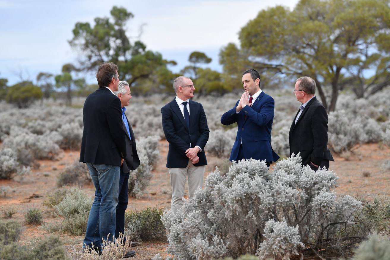 Jay Weatherill, with Solar Reserve executives and frontbenchers Tom Koutsantonis and Geoff Brock, in Port Augusta this week to spruik the planned solar thermal plant.  Photo: David Mariuz / AAP