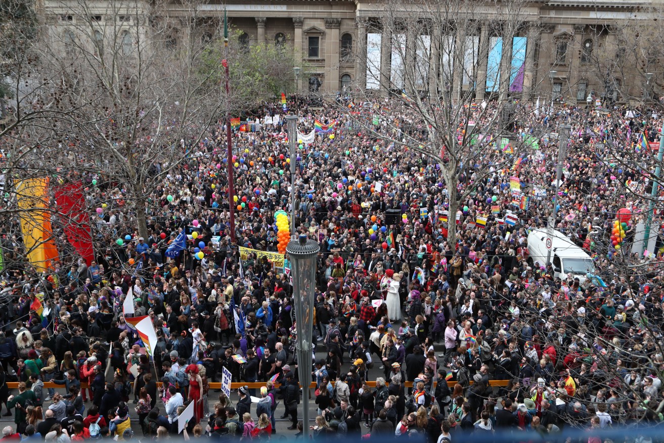 Supporters of marriage equality at a rally in Melbourne last Saturday. Photo: AAP/David Crosling