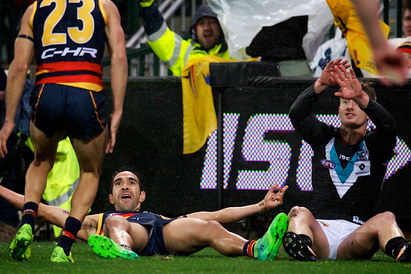 Hamish Hartlett's fingertip cruels another Eddie Betts goal of the year contender. Photo: Michael Errey / InDaily