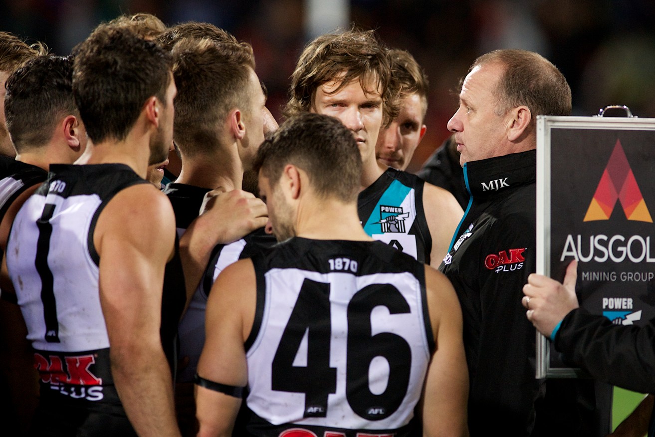 Power coach Ken Hinkley addresses his players during the Showdown loss. Photo: Michael Errey / InDaily