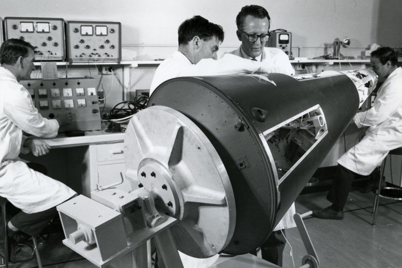 Scientists work on Australia’s first satellite, WRESAT, in 1967.