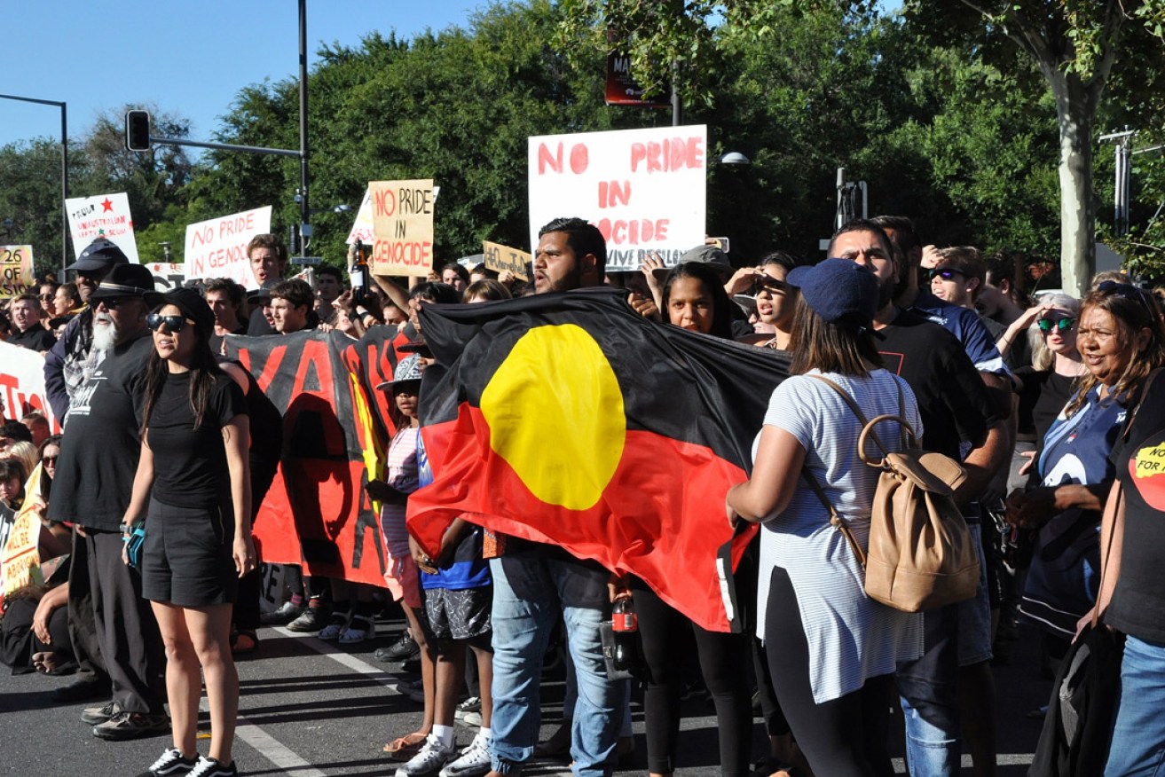 Aboriginal activists marked "invasion day" by blocking this year's Australia Day cultural parade through Adelaide this year. Photo: AAP 