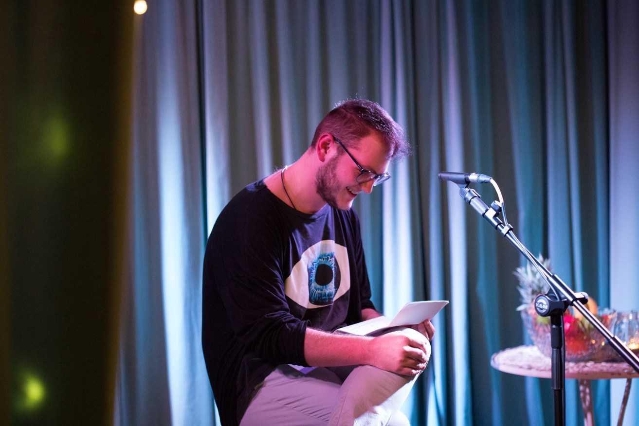 Emerging playwright CJ McLean during a reading at The Hearth in the city. Photo: Julia Henning. 
