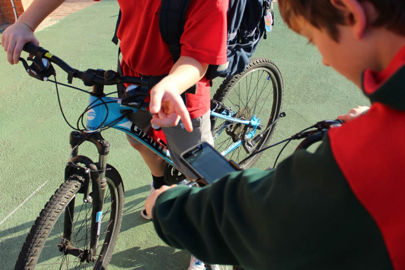 Students at a high school in South Australia using smartphones attached to their bicycles to analyse motion.