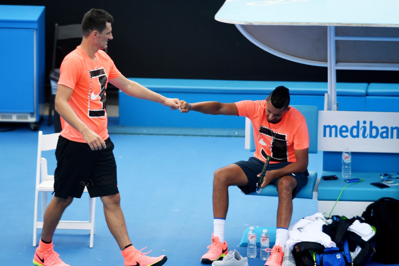 Bernard Tomic and Nick Kyrgios during a practice session at the Australian Open in January. Photo: Tracey Nearmy / AAP