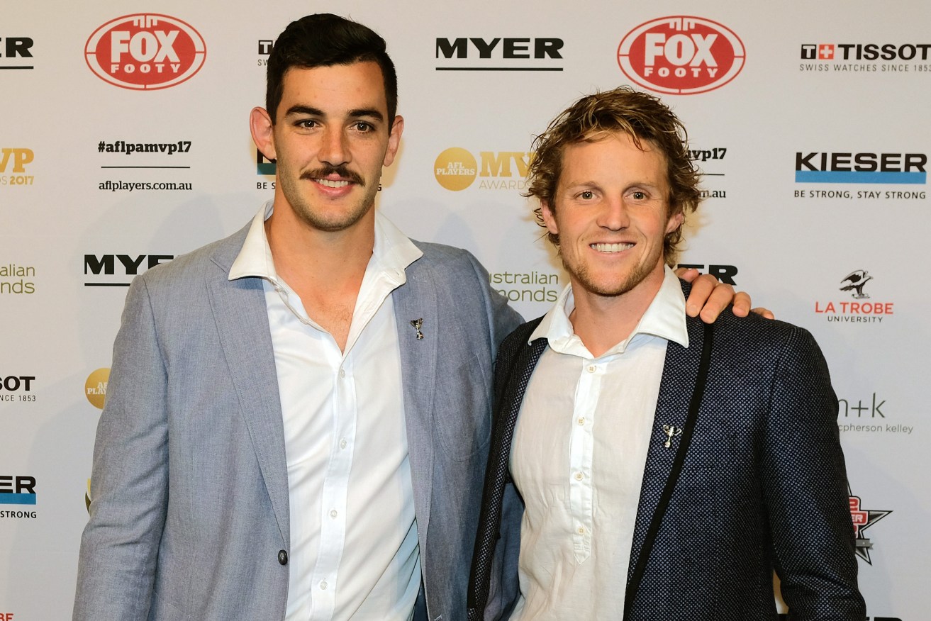 Adelaide Crows captain Taylor Walker and vice-captain Rory Sloane at the AFL Players' Association MVP Awards last night. Photo: Luis Ascui / AAP