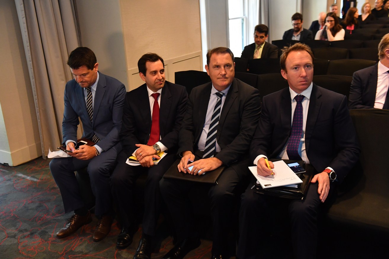 CBS Managing Director Asia Pacific Stephen White (second right) at a Channel Ten creditors meeting at the Marriott Hotel in Sydney today. Photo: AAP/Mick Tsikas