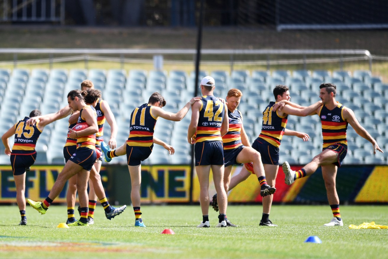 Mitch McGovern (right, with Taylor Walker) joins Crows teammates at this morning's training session. Photo: Tracey Nearmy / AAP