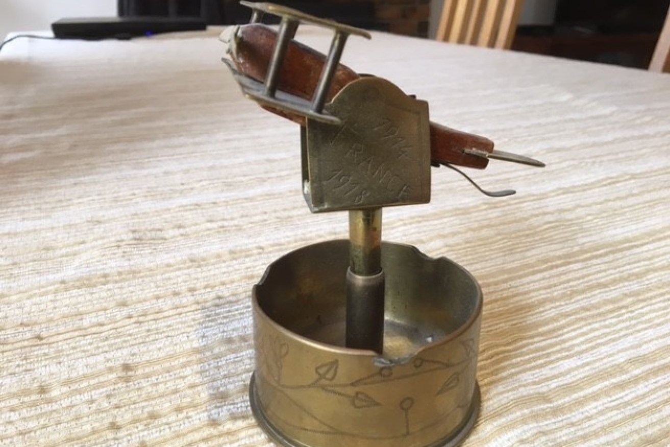 Ashtray made of a shell case, bullet and small aircraft replica, inscribed “France, 1914-1918”, family heirloom of Brett S., from the SA’s Riverland (Photo courtesy family).