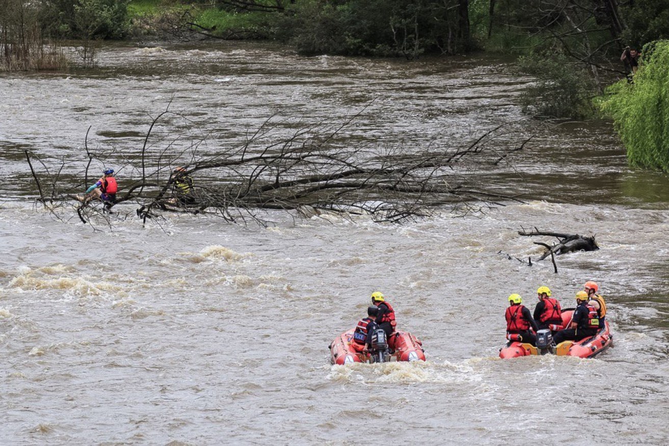 Emergency crews rescue two kayakers who were clinging to a tree in the fast-flowing Yarra River in Warrandyte in 2016. Photo: AAP/Craig Musselwhite