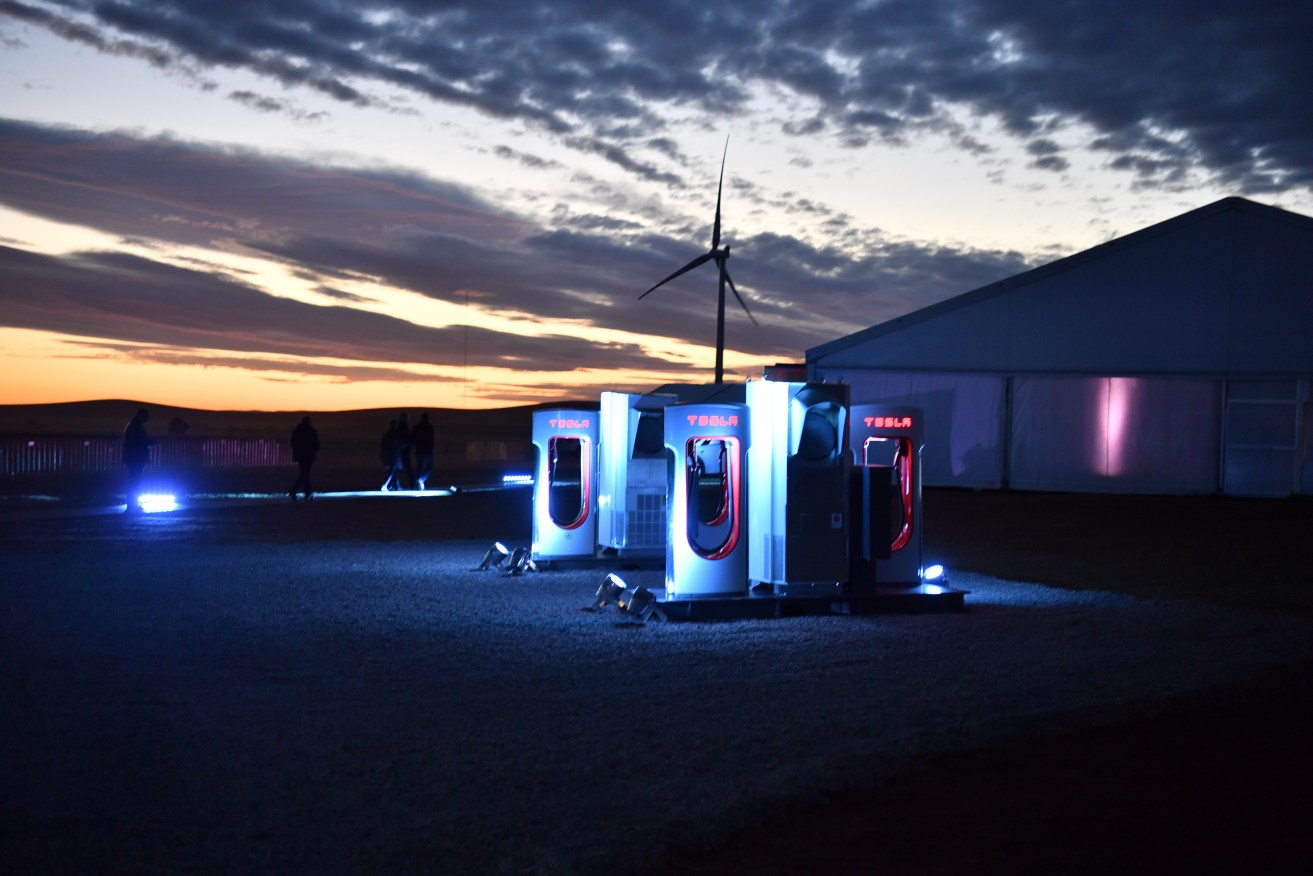 A Tesla car charging station near the Tesla battery plant outside of Jamestown. Photo: AAP/ Morgan Sette