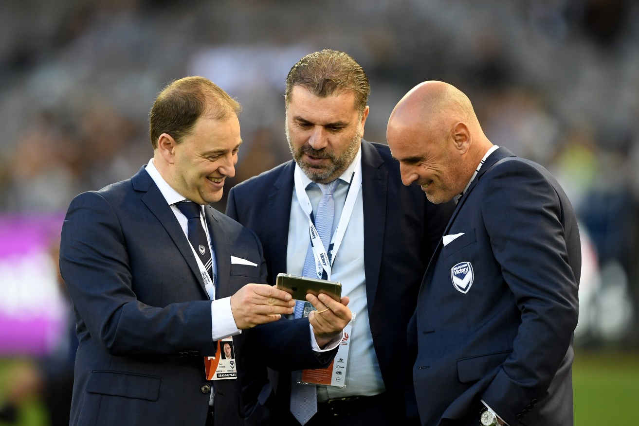 Socceroos coach Ange Postecoglou joins Melbourne Victory mentor Kevin Muscat and Football Operations Manager Paul Trimboli earlier this month. Photo: Joe Castro / AAP