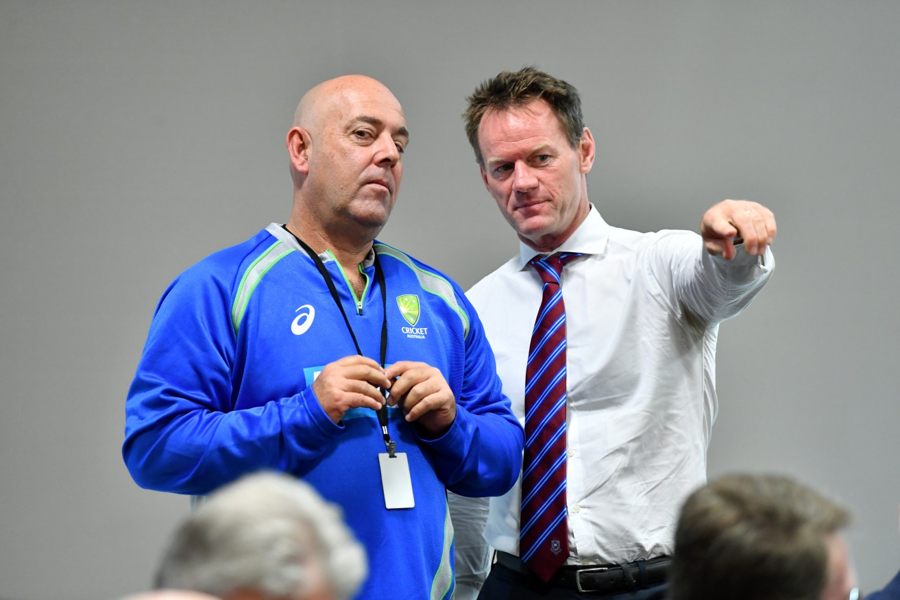 Australian coach Darren Lehmann with high performance manager Pat Howard at today's AGM in Brisbane. Photo: Darren England / AAP