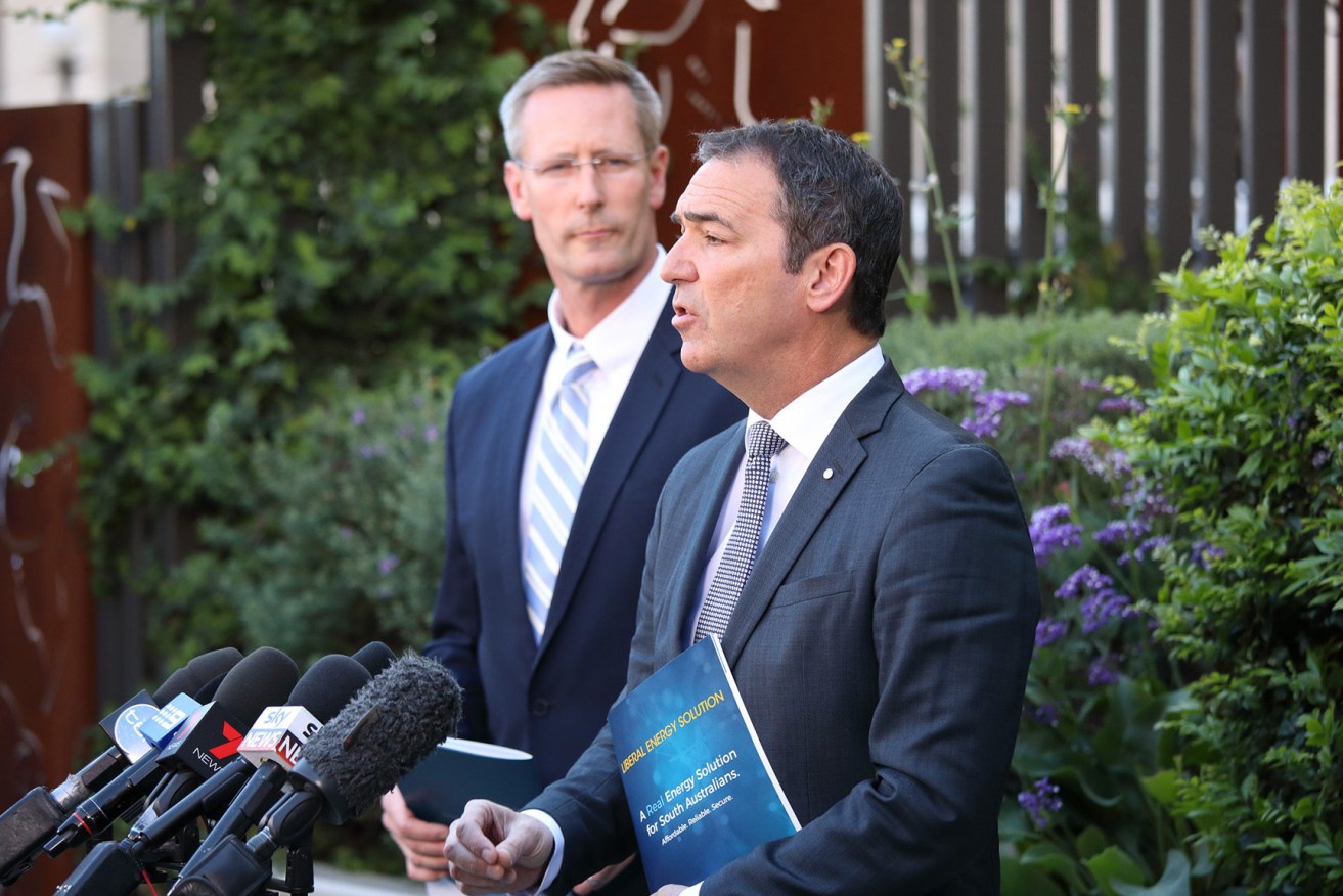 Steven Marshall (front) and energy spokesperson Dan van Holst Pellekaan unveilling the Liberal Party's energy policy in October. Photo: Tony Lewis / InDaily