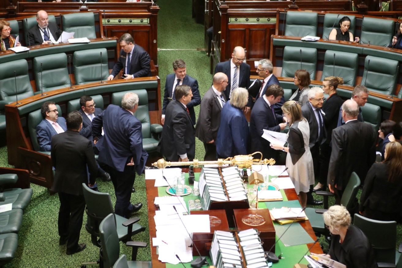 Victorian MPs move around the chamber as they vote on an amendment to the Voluntary Assisted Dying Bill. Photo: AAP 
