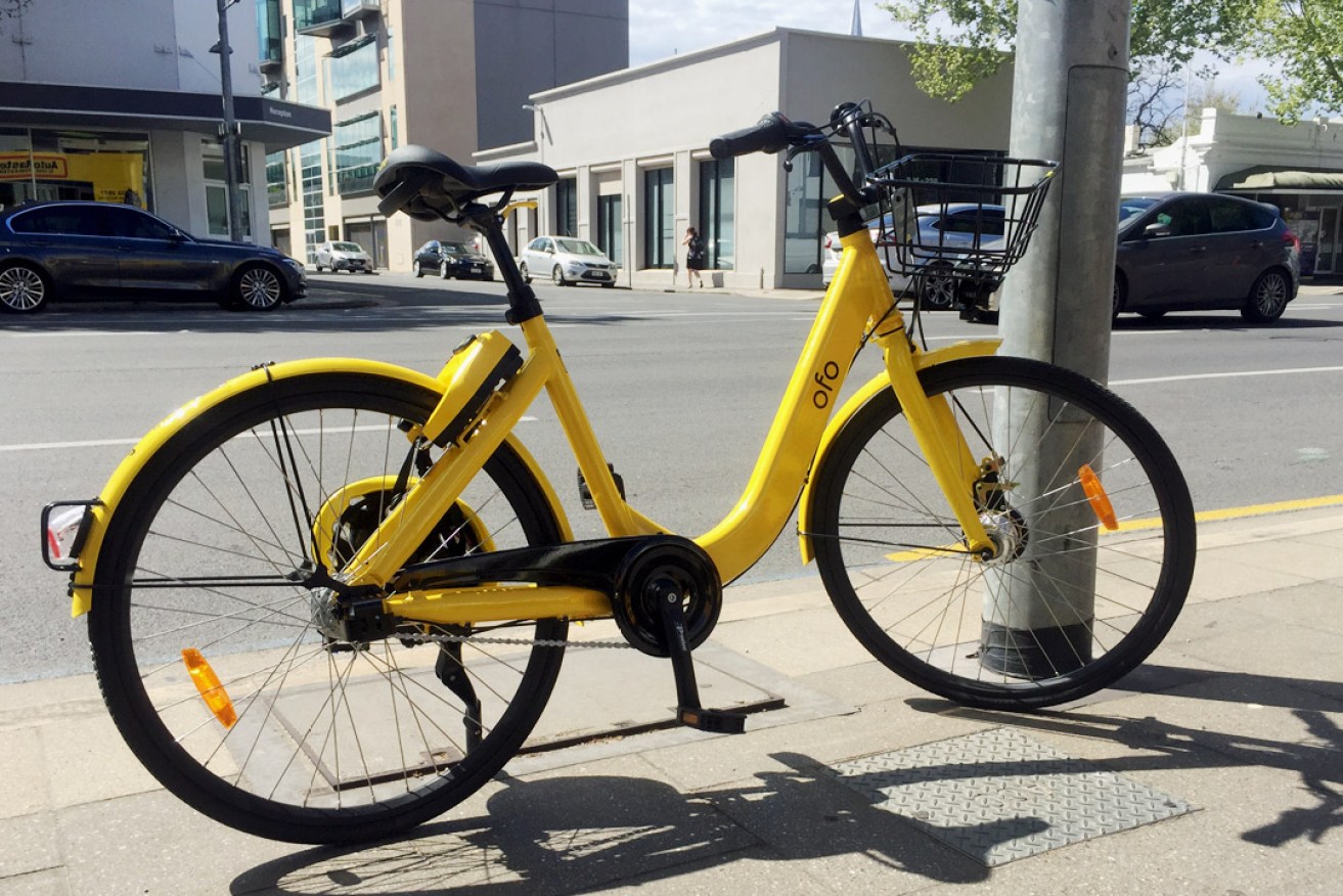 An ofo bike on Pulteney Street today. The Chinese company launched its bike-share scheme in Adelaide yesterday. Photo: InDaily / Bension Siebert