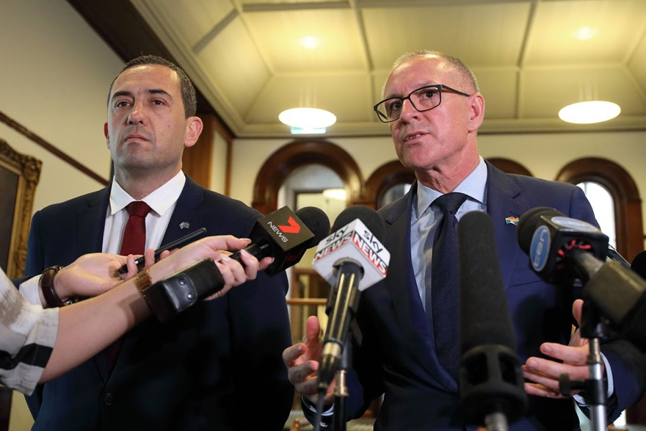 Tom Koutsantonis and Jay Weatherill face the media this week. Photo: Tony Lewis / InDaily