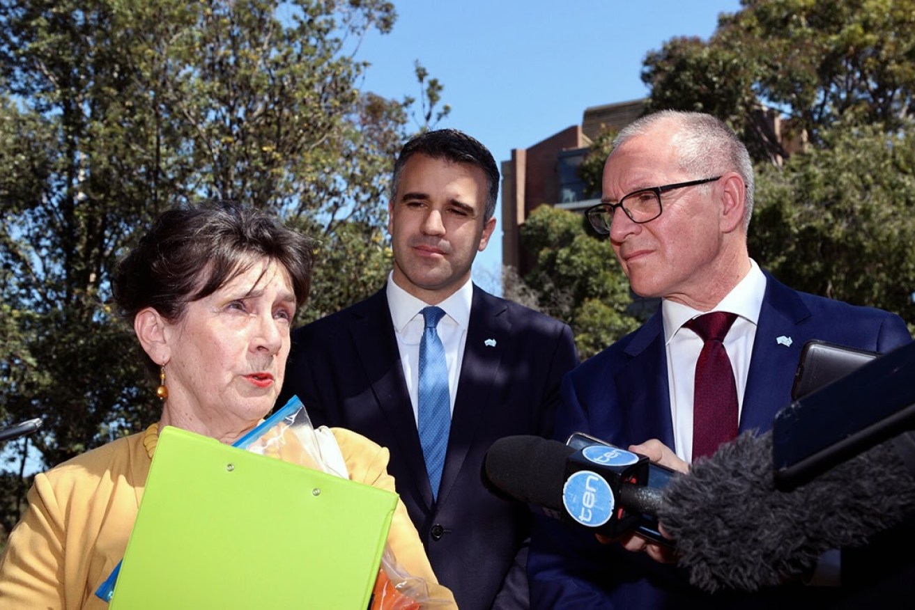 Frances Bedford, Peter Malinauskas and Jay Weatherill speak to media after touring Modbury Hospital in September. Photo: Tony Lewis / InDaily