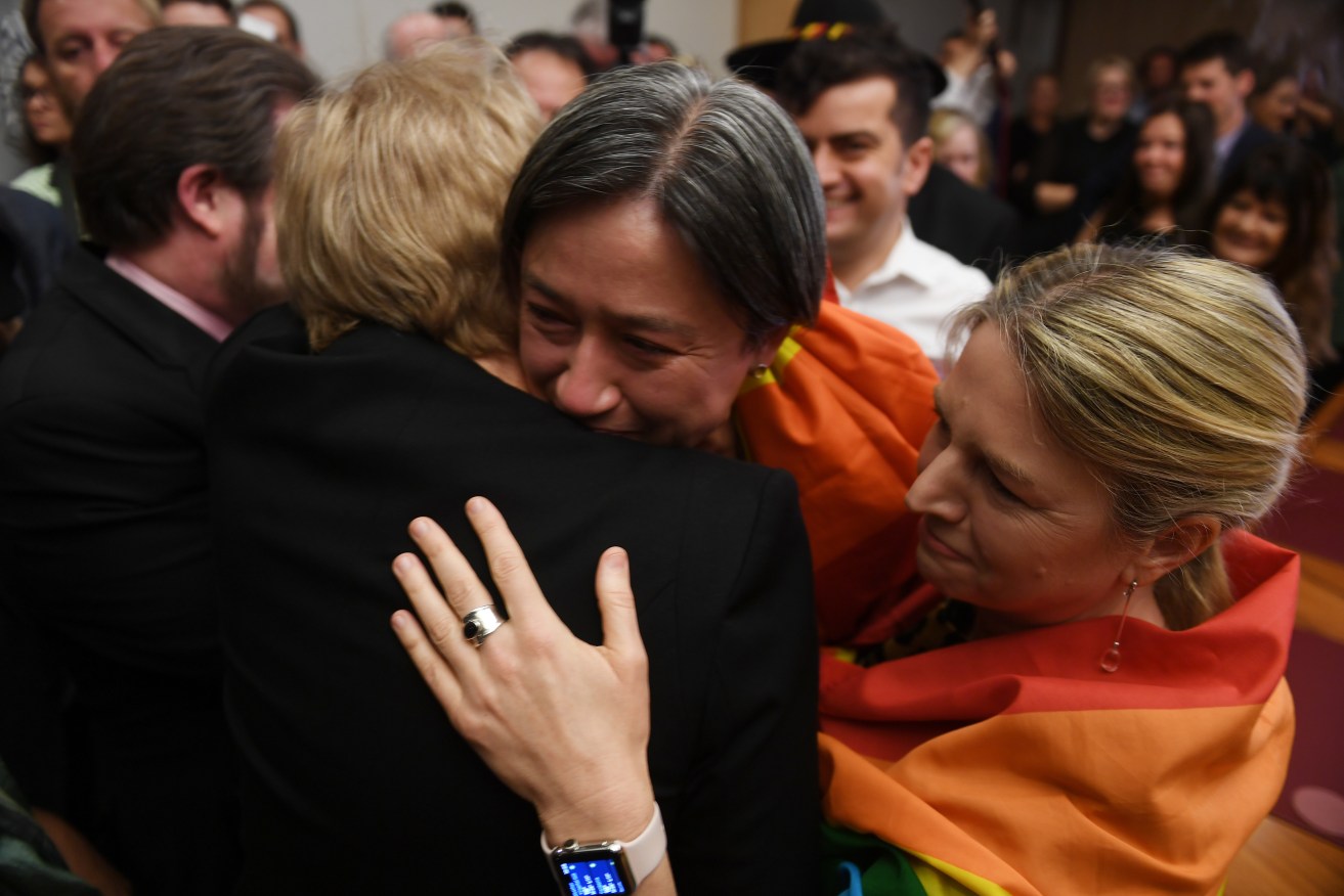 South Australian Labor Senator Penny Wong reacts to the yes vote. Photo: AAP/Dean Lewins