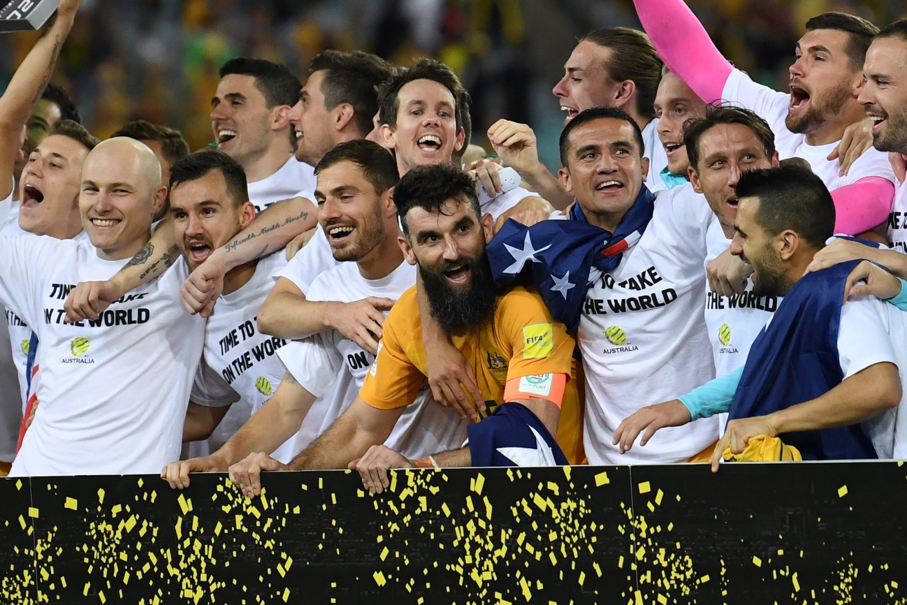 Socceroos players, with captain Jedinak front and centre, celebrate last night's World Cup qualification. Photo: David Moir / AAP