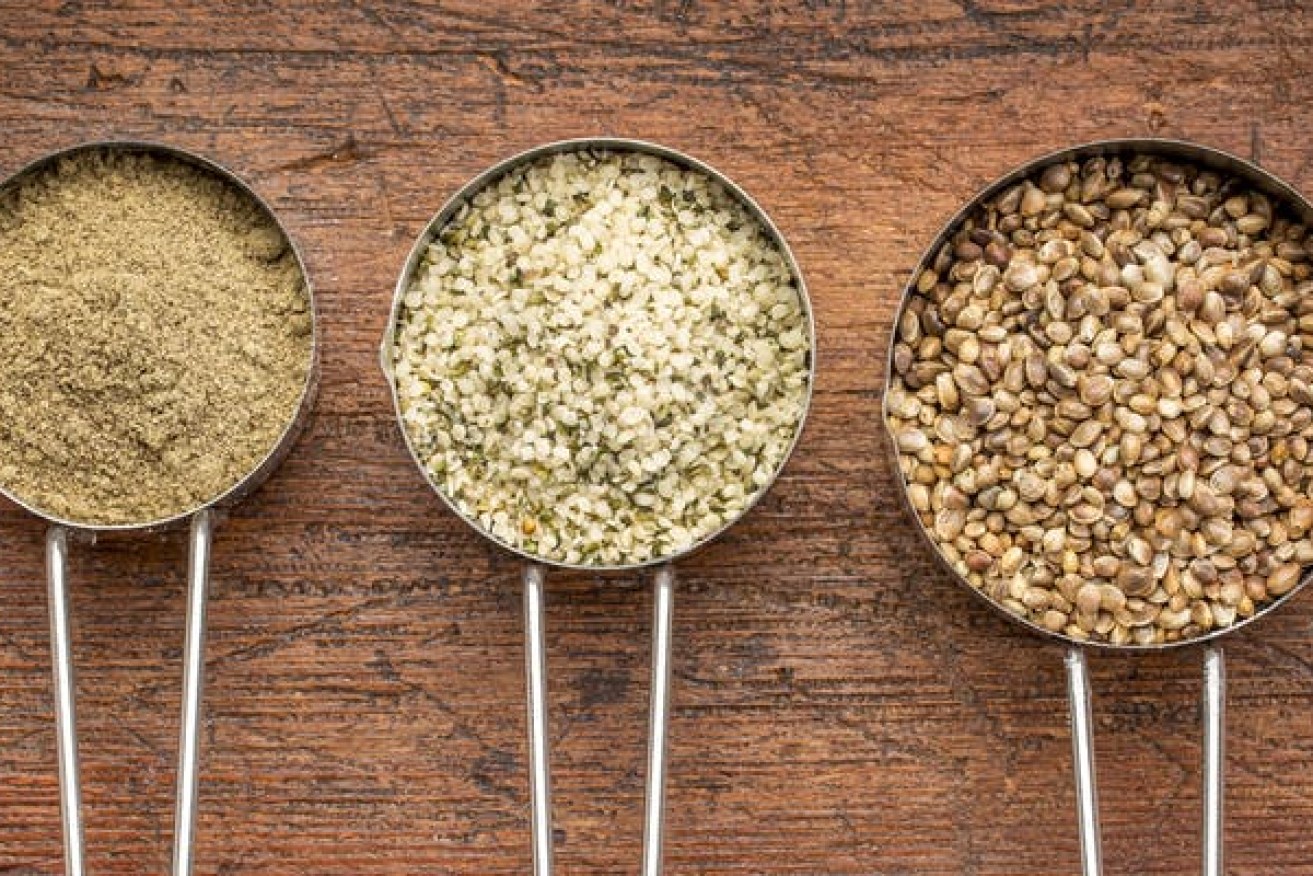 You can eat and cook with whole hemp seeds (right), hearts (centre) and ground seed (left). Photo: marekuliasz/shutterstock