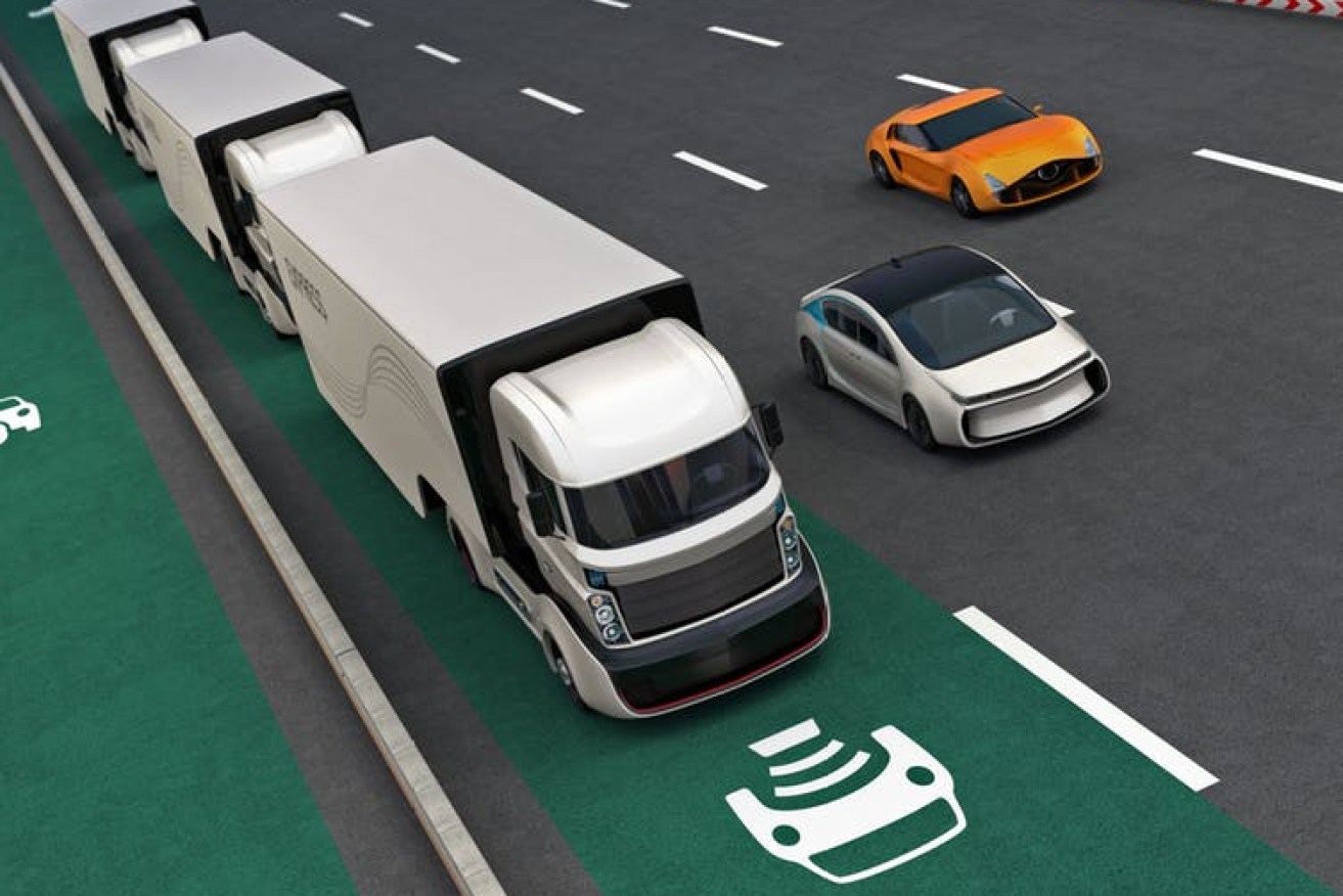 Truck platooning involves a lead truck with a driver guiding other trucks through vehicle to vehicle communication.
cheskyw/123rf.com, Author provided