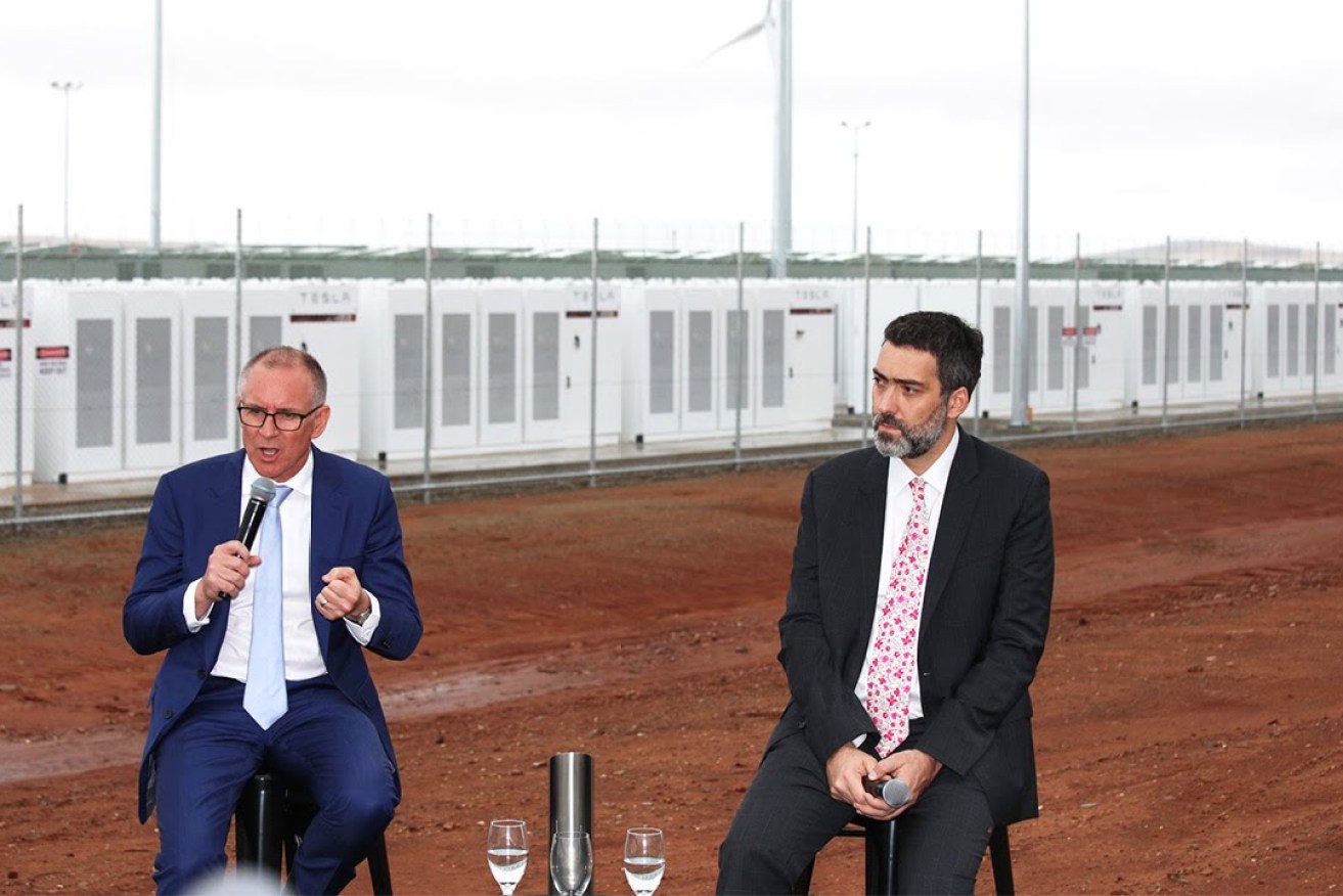 Premier Jay Weatherill (left) and Neoen deputy CEO Romain Desrousseaux at today's launch. Photo: Tony Lewis/InDaily