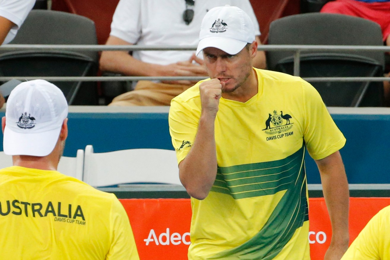Australian coach Lleyton Hewitt with Sam Groth during the Davis Cup World Group Quarterfinal in April. Photo: Glenn Hunt / AAP