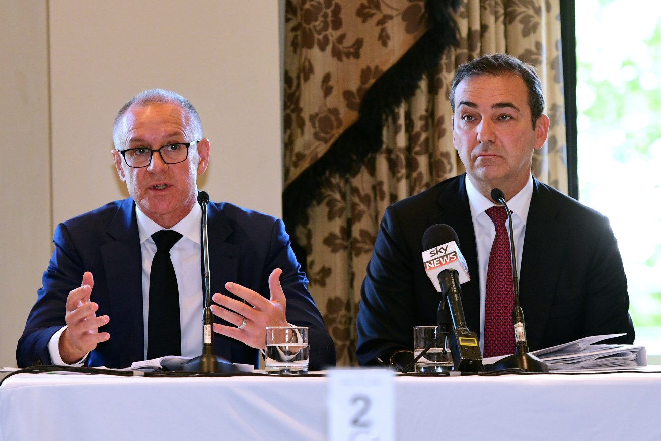 Jay Weatherill and Steven Marshall share the stage at a recent event. Photo: Mark Brake / AAP