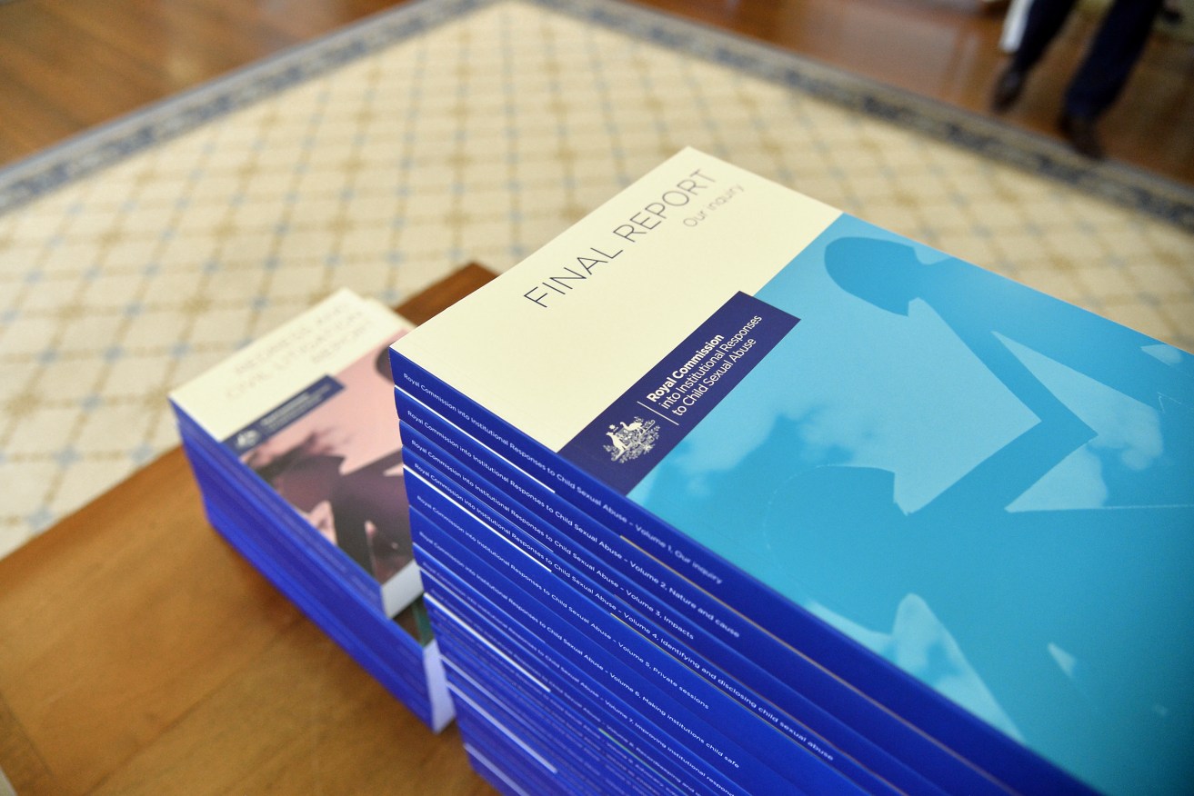 The volumes of the Final Report of the Royal Commission into Institutional Responses to Child Sexual Abuse.  Image supplied by the royal commission