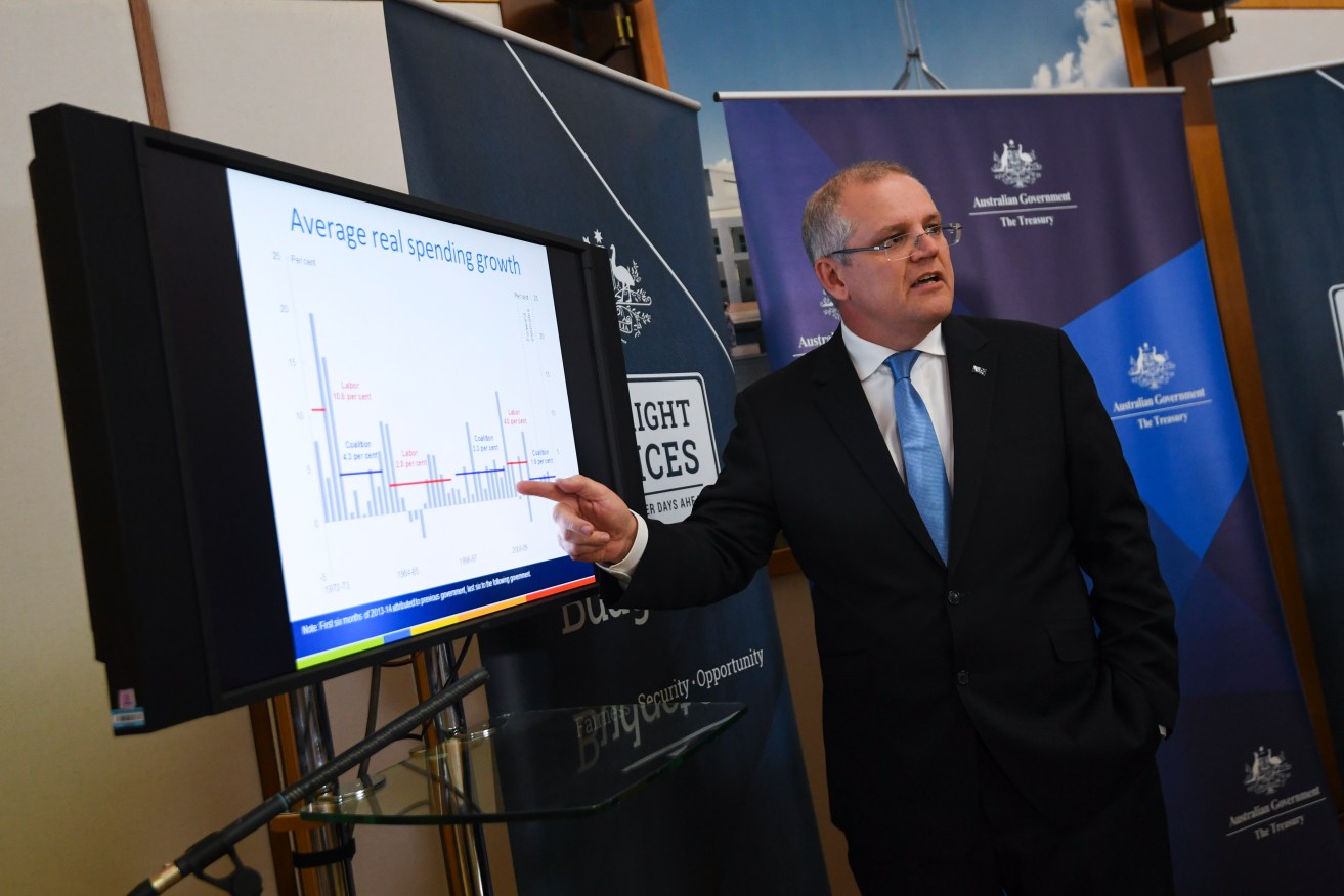 Treasurer Scott Morrison hands down the Mid-Year Economic and Fiscal Outlook. Photo: AAP/Lukas Coch